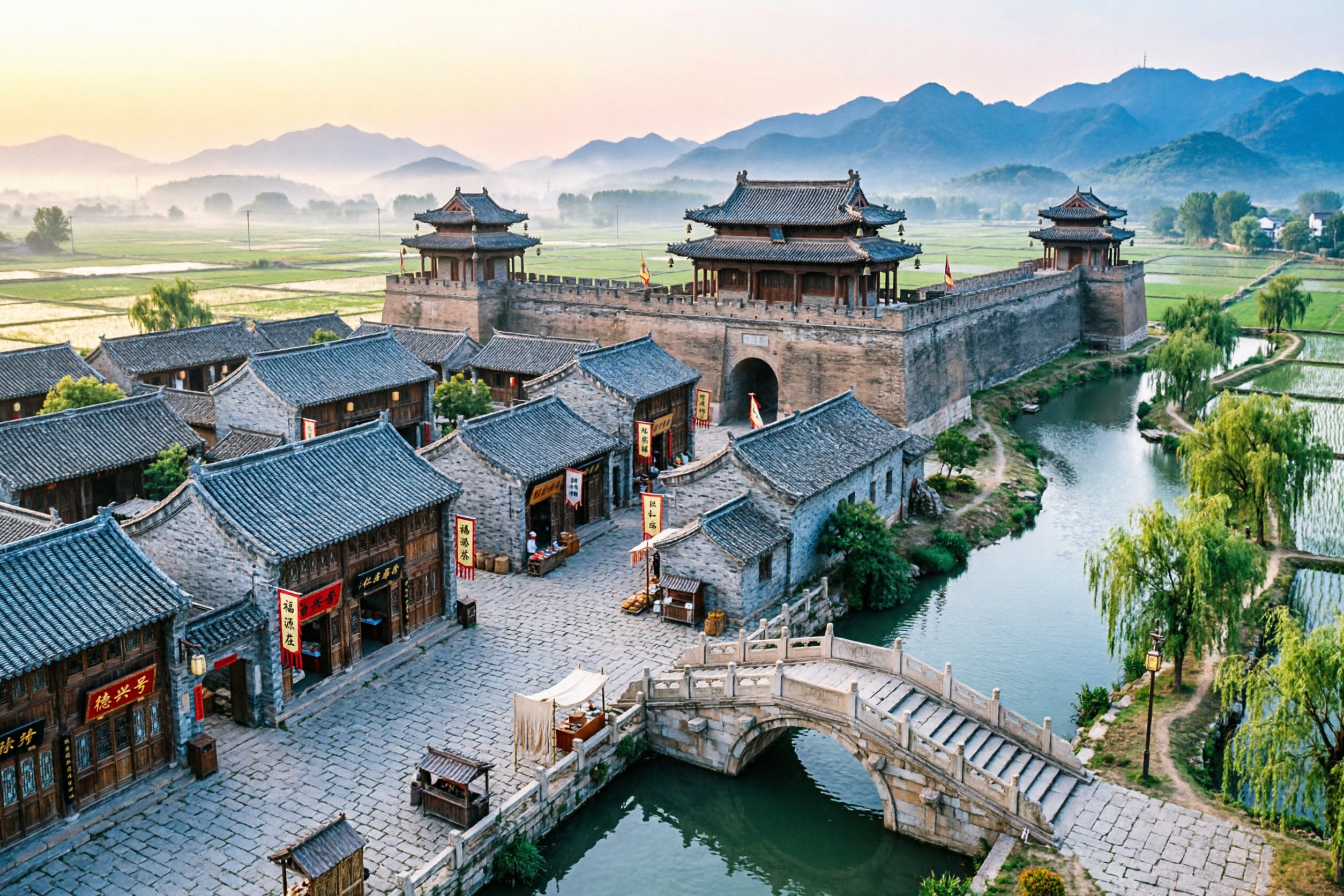 中国古代县城全景，采用俯视远景视角。画面中心是一座传统中式小城… - 图片创意预览
