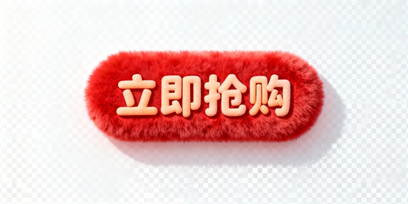 绒质感的软萌热情风格，“立即抢购”小铭牌，红色绒毛底色，透明图预览效果