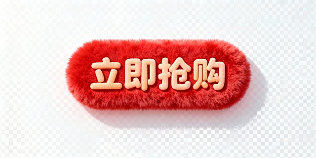 绒质感的软萌热情风格，“立即抢购”小铭牌，红色绒毛底色，透明图