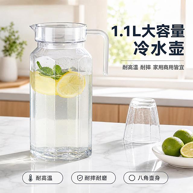 [主图-1] 主题：八角扎壶冷水壶首图，突出大容量与通透质感，以家庭餐桌场景建立购买欲。
[统一基调] 淘宝/天猫餐厨器皿风格，整体干净通透、明亮自然光、高亮通透、清爽秩序感；背景以白色+浅木色为主，标题字色为深墨蓝，辅助字色为中灰，强调色为薄荷绿；字体为无衬线粗体，字号层级分明，组件用细线图标与轻量胶囊标签，无厚重通栏色块。
[画面] 产品为透明亚克力/PC材质八角形扎壶，带盖、带把手、壶身八角切面、1.1L容量，外观与输入图完全一致。产品位于画面中央偏左，占画面约60%，正面微侧30度视角，壶内装有约八成柠檬水，漂浮两片柠檬与薄荷叶。产品放置在白色大理石纹台面上，背景是虚化的明亮厨房窗边，有柔和阳光射入。右侧点缀一只倒扣的透明玻璃杯与一小碟青柠，道具精简，突出主体。
[光影质感] 商业摄影质感，主光从右上方窗边来，柔和自然光，壶身透明材质有清晰高光条与环境折射，底部有柔和接触阴影与台面微倒影，整体通透干净，无悬浮感，无硬切边缘。
[配色] 背景白色+浅木色橱柜，台面浅灰大理石纹，柠檬黄与薄荷绿作点缀，标题深墨蓝，辅助文字中灰，整体清爽明亮。
[文字版式] 右上角主标题：“1.1L大容量 冷水壶”，粗体最大字号；副标题：“耐高温 耐摔 家用商用皆宜”，字号缩小50%以上；底部横向排列三个胶囊标签：“耐高温”“耐摔耐磨”“八角壶身”，标签为白底深字细线边框。文字均放在右侧与底部负空间，不遮挡壶身主体。
[输出要求] 比例1:1，2048*2048，产品清晰不变形，文字清晰可读，无错字，无水印，无平台Logo，无杂乱背景，无多余人物。