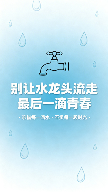 浅蓝渐变背景，点缀水滴图案，极简线条绘制的水龙头，居中放置主标题“别让水龙头流走最后一滴青春”，主标题白色粗体，下方放置副标题“珍惜每一滴水 · 不负每一段时光”副标题白色，整体风格极简清新预览效果