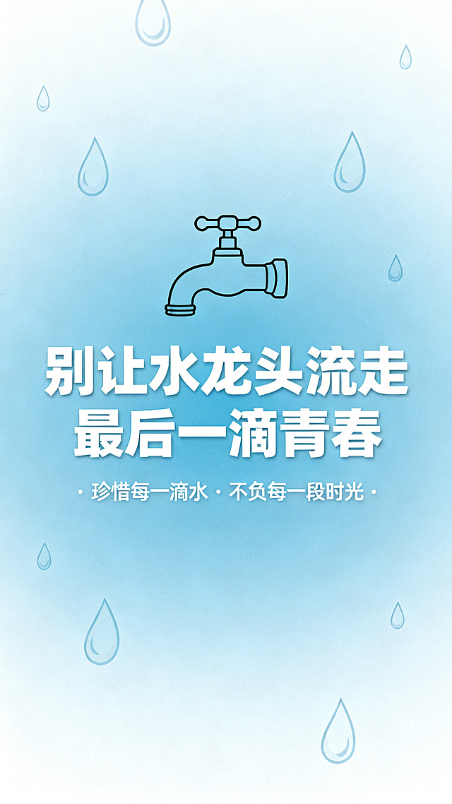 浅蓝渐变背景，点缀水滴图案，极简线条绘制的水龙头，居中放置主标题“别让水龙头流走最后一滴青春”，主标题白色粗体，下方放置副标题“珍惜每一滴水 · 不负每一段时光”副标题白色，整体风格极简清新