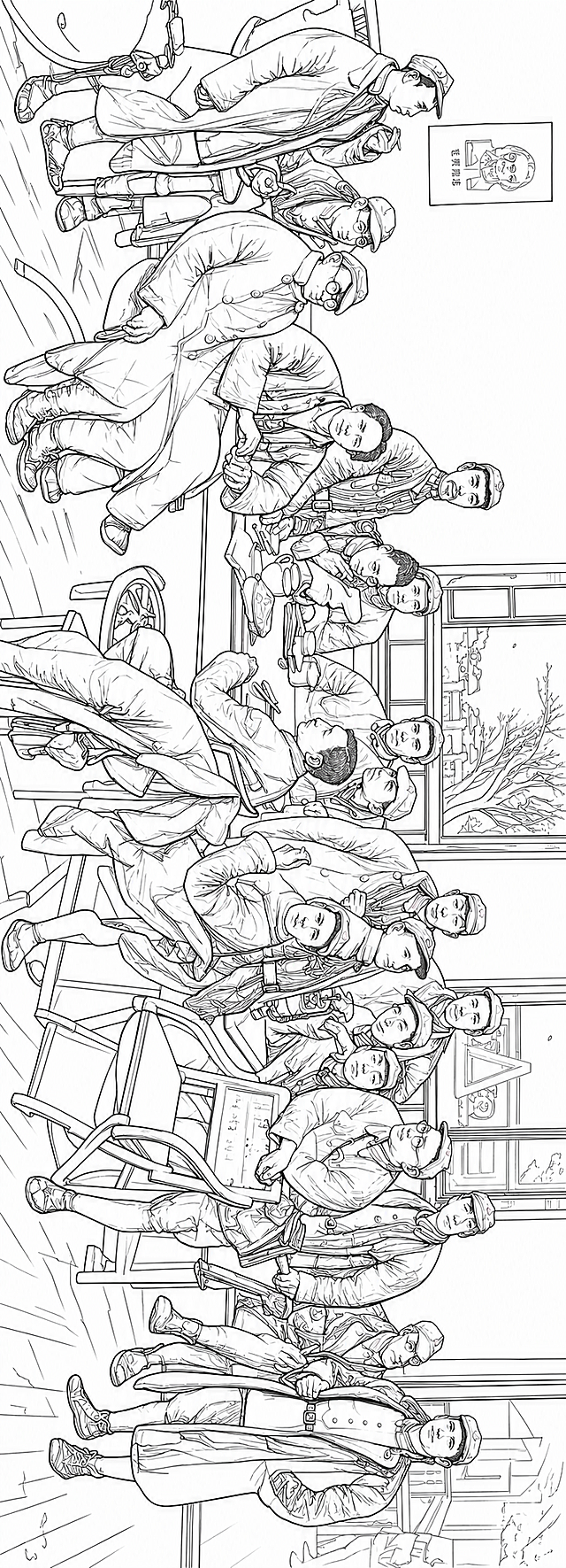 将这张油画改为线描模式，保留所有人物和场景轮廓，仅用黑色线条勾勒，转换为线描作品