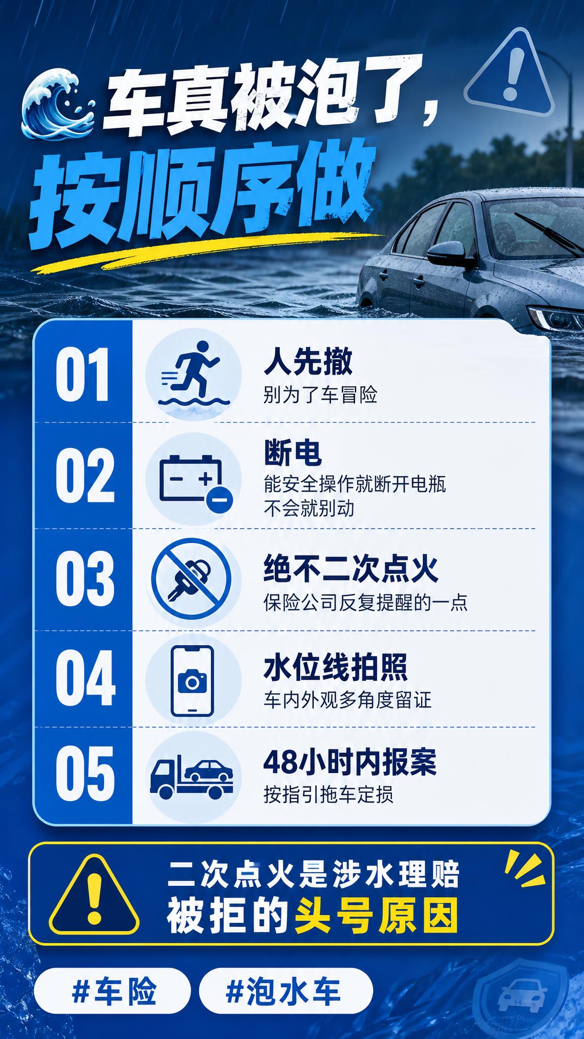 小红书风格信息卡，车辆泡水处理步骤主题，9:16竖版，蓝色警示… - 图片创意预览
