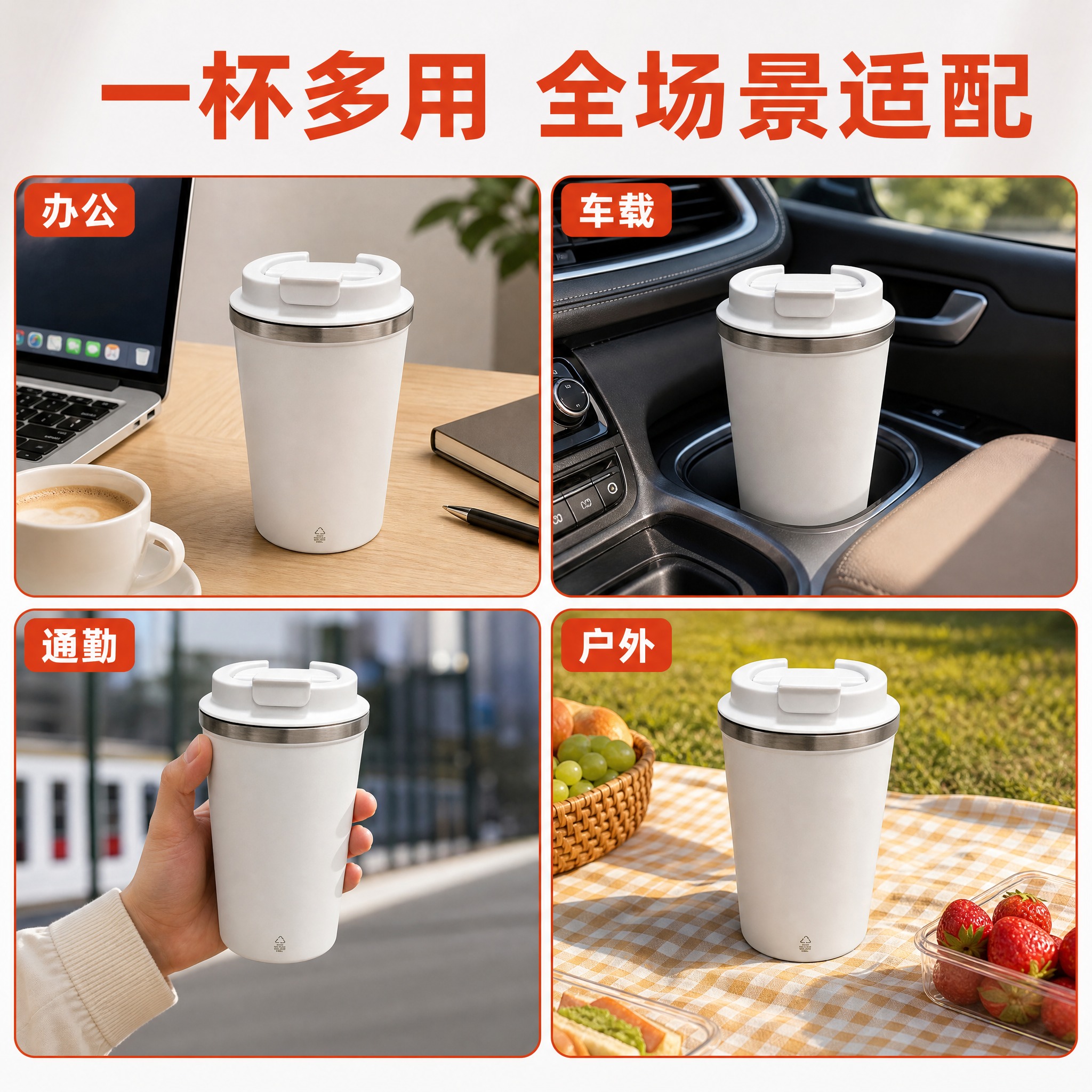 [主图-4] 主题：多场景使用展示，保温杯在办公桌、车载、通勤… - 图片创意预览