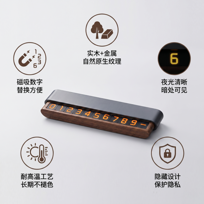 [主图 2] 核心卖点亮点导图。
[氛围风格] 轻奢高级简约风格，干净通透；
[画质] 商业摄影质感、光线柔和通透、产品清晰真实、画面干净高级。
[元素] 北美黑胡桃合金临时停车牌放置画面中心，周围环预览效果