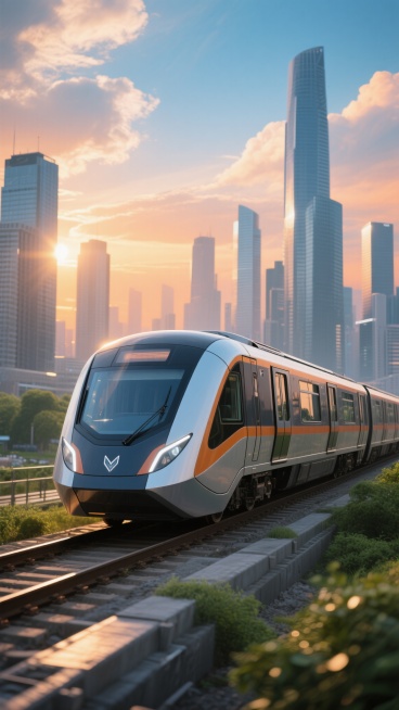 超写实风格的现代城市背景下，一列设计样式新颖独特的高速地铁列车正行驶在轨道上，车身采用与原图不同的配色方案，外观线条流畅且富有未来感，车头造型别具一格，车窗设计新颖，整体呈现出与原图同等高质量的3D渲染效果，阳光透过云层洒在列车和城市建筑上，形成温暖而明亮的光影效果，天空呈现出渐变的蓝色与橙色，远处是高楼林立的现代化都市景观，近处有绿色的植被点缀，画面整体氛围科技感十足且充满现代都市气息。预览效果