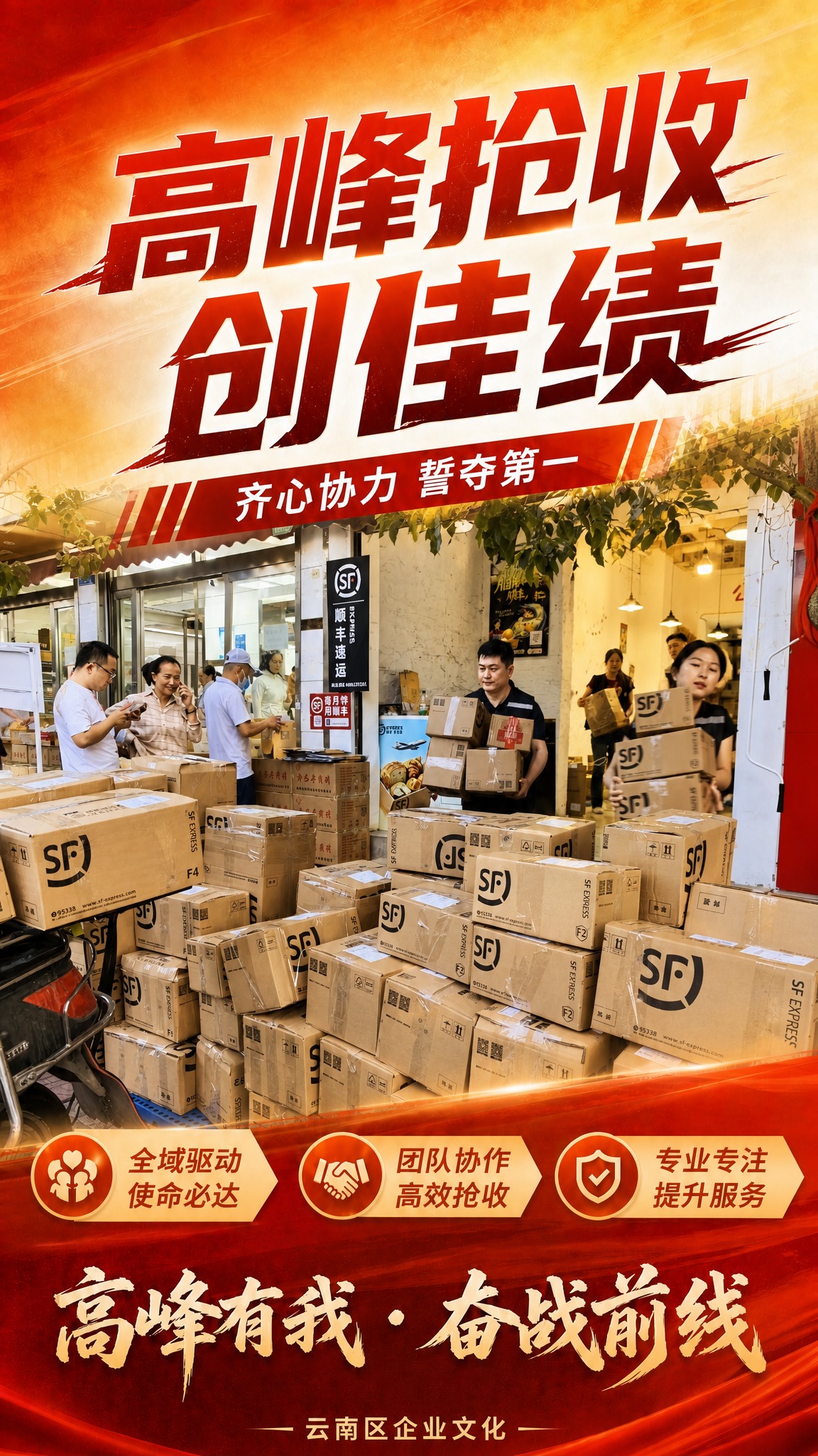 基于第一张海报的版式骨架和红金大气风格，将中间主视觉场景替换为… - 图片创意预览
