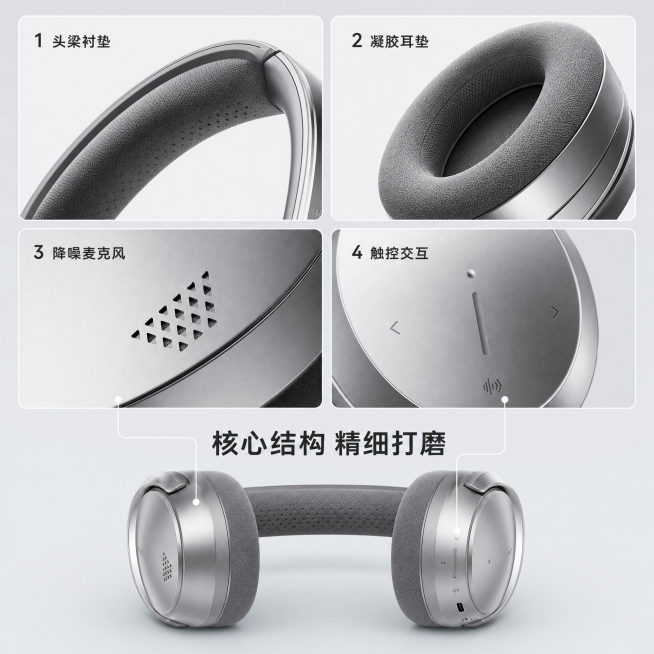 [主图-2] Aura-Silence Pro 核心结构细节展示主图。
[氛围风格] 极简科技解构风，专业质感，和首图风格统一；
[画质] 商业微距摄影质感、结构清晰、材质真实、画面高级干净。
[元素预览效果