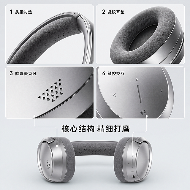 [主图-2] Aura-Silence Pro 核心结构细节展示主图。
[氛围风格] 极简科技解构风，专业质感，和首图风格统一；
[画质] 商业微距摄影质感、结构清晰、材质真实、画面高级干净。
[元素] 采用Bento栅格多区域卡片排版，四个卡片分别展示核心结构细节：左上卡展示头梁内侧记忆海绵和类肤蛋白皮侧边透气孔，右上卡展示耳罩内侧冷却凝胶记忆棉和超细绒布接触面，左下卡展示前馈麦克风等边三角形小孔和防尘网特写，右下卡展示右侧触控板盲定位凸点和滑动触控条。卡片之间间距均匀，底部通栏放置完整星云灰耳机主视觉横向展示，各细节用纤细引线对应到卡片位置。保持所有产品外观、材质、颜色与描述一致，精细化处理每个结构。
[光影] 整体布光均匀柔和，每个微距特写都保留材质纹理光影，金属拉丝有清晰高光反射，海绵布料有柔和漫反射，光影通透层次分明。
[配色] 主背景浅灰渐变，卡片白色半透明，文字深灰，产品保持星云灰金属银配色，整体干净简约。
[视角构图] 每个细节卡片为微距特写，底部主图为平视全景，排版层次清晰稳定。
[文字版式] 每个卡片左上角标注序号+标题，1「头梁衬垫」 2「凝胶耳垫」 3「降噪麦克风」 4「触控交互」，文字左对齐，字体简约无衬线，不遮挡细节。底部通栏产品上方标注主标题「核心结构 精细打磨」。
[比例分辨率] 1:1 比例，2k 分辨率；文字清晰可辨，超高清。
[负向提示词] 变形，水印，文字错乱，结构模糊，背景杂乱，材质失真。