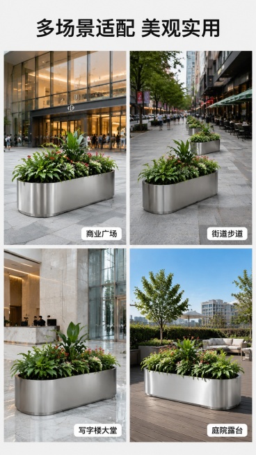 [第3屏] 多场景适配展示页-不锈钢花箱适用场景展示。本屏使用【图1】产品特征生成四宫格场景拼图。
[氛围/风格] 实景氛围感，不同场景真实展示，自然光影，商业摄影质感。
[元素布局] 顶部主标题，下预览效果