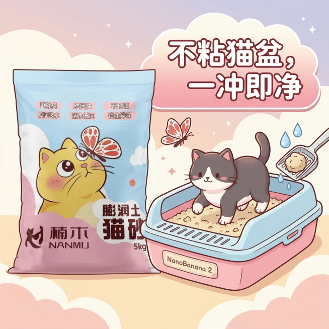 基于现有猫砂袋图片，制作拼多多1:1主图，可爱风格，突出猫砂不粘底的卖点，画面添加干净猫盆和踩在猫砂上的软萌猫咪，搭配文字“不粘猫盆，一冲即净”预览效果