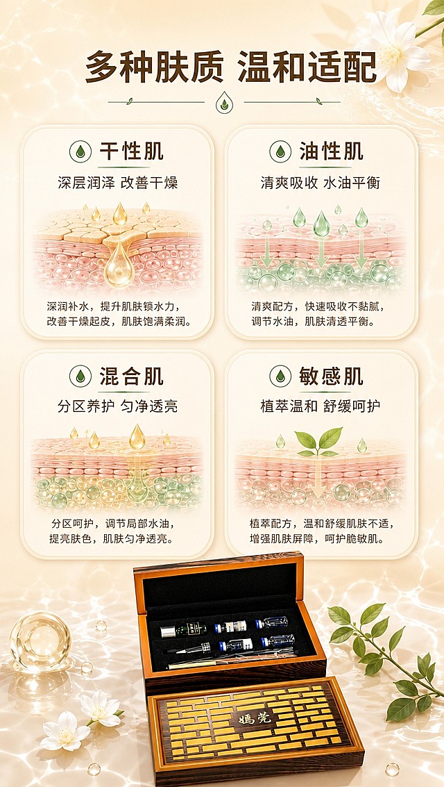 [商品] 使用【图1】嫣莞净萃液套盒；保留完整外观与颜色材质；产品置于画面底部中央，占画面约20%。
[画面] 目标：适用肤质匹配，帮助用户判断是否适合自己。构图：2×2网格布局，4个圆角卡片分别代表「干性肌」「油性肌」「混合肌」「敏感肌」，每张卡片内有肤质示意小图+适用理由。顶部大标题，底部产品图。卡片间有间距，背景浅米色水光纹理。≥3层信息层级。
[视觉] 套系策略：风格=光亮通透植萃护肤商业摄影风；标题字=现代简约粗黑体；正文字=纤细优雅无衬线体；主色=暖米金+草木绿；背景延展=基于暖米金做深浅渐变、水光纹理、植物剪影层次；强调色=翡翠绿，仅用于小面积图标、引线、标签和局部光效；标题色=深棕金；正文色=暖灰棕；组件=圆角胶囊信息卡、细线引线、水滴形图标；光影=左前侧暖柔光，产品边缘带轮廓光，整体通透明亮。
[文字] 顶部主标题「多种肤质 温和适配」；4张卡片分别写：「干性肌 深层润泽 改善干燥」「油性肌 清爽吸收 水油平衡」「混合肌 分区养护 匀净透亮」「敏感肌 植萃温和 舒缓呵护」；全部文字横排，卡片内字号适中，手机端可读。
[规格] 图片比例9:16竖版，4K分辨率，负向提示：黑金奢华风、极简空白、淡斑色斑等违规词、文字竖排、产品变形、错字、冷蓝背景、优惠促销信息、医疗功效承诺。