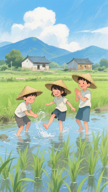 中式动漫风格田园插画，3个8岁小孩，左侧男孩弯腰泼水，中间女孩赤脚踢出水花，右侧男孩手鼓掌。佩戴竹编斗笠，穿着短袖和五分裤，在浅水田间嬉戏。背景为嫩绿色稻苗田，远处有三座民居，蓝色山脉和云预览效果