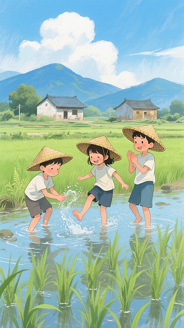 中式动漫风格田园插画，3个8岁小孩，左侧男孩弯腰泼水，中间女孩赤脚踢出水花，右侧男孩手鼓掌。佩戴竹编斗笠，穿着短袖和五分裤，在浅水田间嬉戏。背景为嫩绿色稻苗田，远处有三座民居，蓝色山脉和云