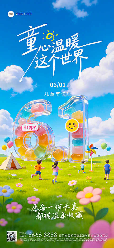 61儿童节节日祝福童趣风通用全屏竖版海报
