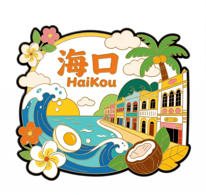 重绘这张海口主题插画，保持原有画面内容和配色，生成高清版本，将整体背景修改为纯白色预览效果