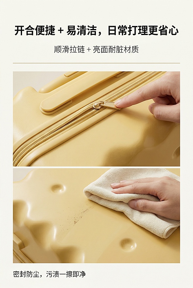 核心风格为高级简约、奶油治愈风、柔和光影、无衬线字体、留白设计，奶油黄为主色调，米白色为背景色，浅金色为点缀色，饱和度35%，明度85%，柔和自然光从画面左侧45°入射，无强反光、无重阴影，光影过渡自然，所有中文采用简约无衬线字体，主标题字号最大、加粗居中，副标题字号次之、轻量居中，辅助文字字号最小、左对齐，点缀2-3条2px粗细浅金色细线条用于画面边缘或分隔区域，不遮挡核心元素。严格还原上传的奶油黄饼干造型拉杆箱，精准复刻包装设计、产品配色、LOGO位置及比例、文字内容及字体、图案元素及细节，无任何偏差，色彩无失真；产品与画面中其他物体的比例遵循真实物理空间逻辑，视觉协调，比例还原1:1，杜绝比例失衡、视觉突兀。主标题为“开合便捷 + 易清洁，日常打理更省心”，位于画面上1/3居中；副标题为“顺滑拉链 + 亮面耐脏材质”，位于主标题下方8px处；画面上半部分为产品拉链区域特写，展示拉链顺滑拉动的动态，下半部分为模拟清洁场景：用软布擦拭箱体表面污渍，污渍快速消失的动态；信息布局为顶部标题区、中部上下分层功能区、底部辅助文字区，辅助文字为“密封防尘，污渍一擦即净”左对齐；排版形式为上下分层，视觉焦点集中在拉链动态与清洁过程；设计细节为奶油黄主色调，柔和自然光从左侧45°入射，点缀1条浅金色细线条分隔上下区域，动态呈现拉链开合与清洁动作，无多余装饰。拉链不模糊、清洁动态不模糊、无污渍残留、色彩不偏色、文字不遮挡、字体不杂乱、无强反光、无重阴影、背景不杂乱、无多余道具、场景不突兀、无噪点、不模糊、高分辨率、无边缘毛刺、产品不变形、比例不失衡、装饰不过多、色调不暗沉、饱和度充足、文字不错位、无人物入镜