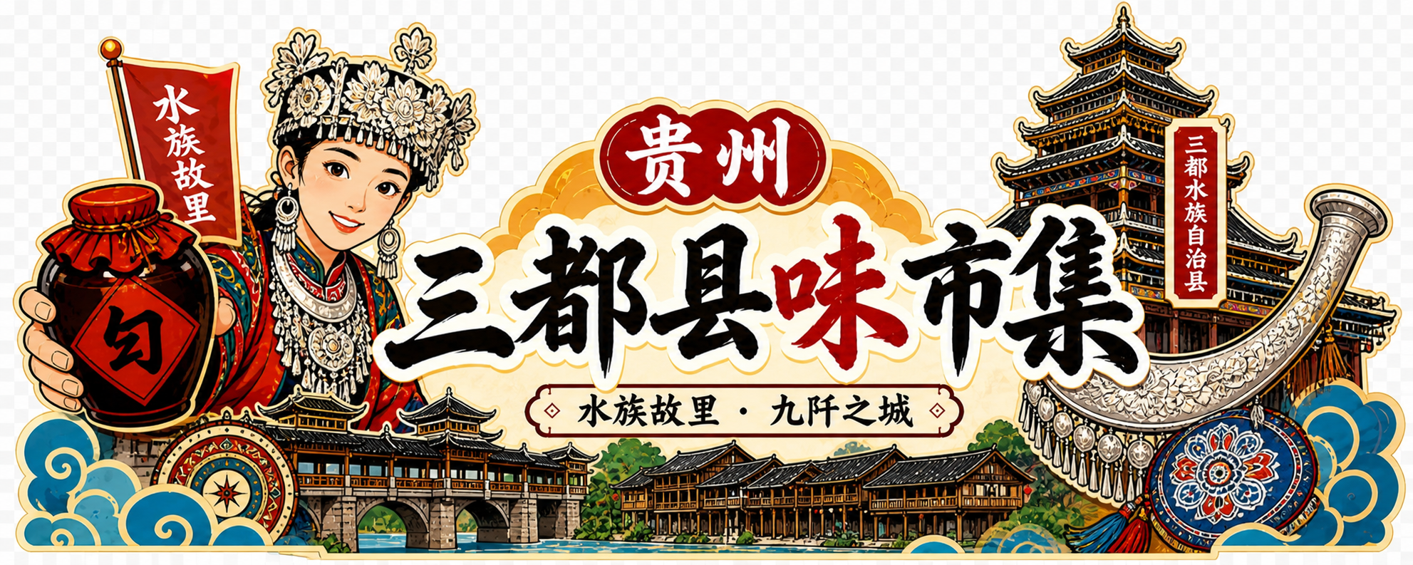 参考图同款风格的市集门头插画，保持原构图版式和国潮手绘风格，将… - 图片创意预览