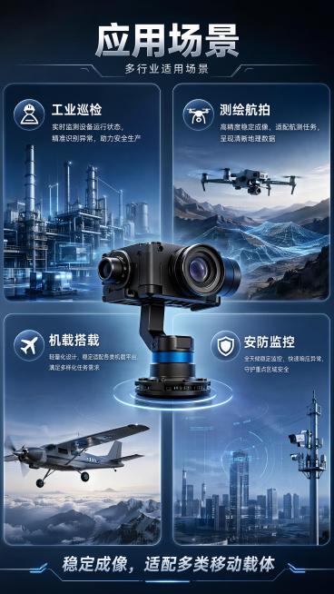 [第7屏] 应用场景-多行业适用场景拼图展示。参考【图7】版式设计，分四个卡片：工业巡检、测绘航拍、机载搭载、安防监控四个场景，每个场景配简约背景示意图和说明文字。云台产品居中展示，底部标语："稳定成预览效果