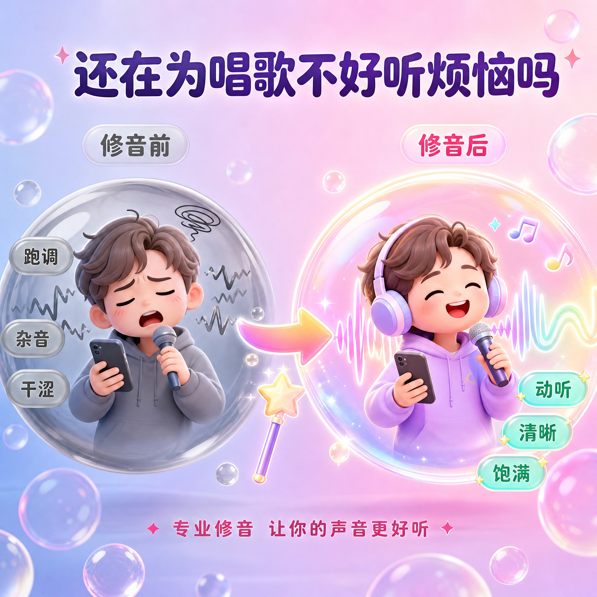[主图-2] 痛点与目标场景图，核心任务是还原唱歌录音中的常见… - 图片创意预览