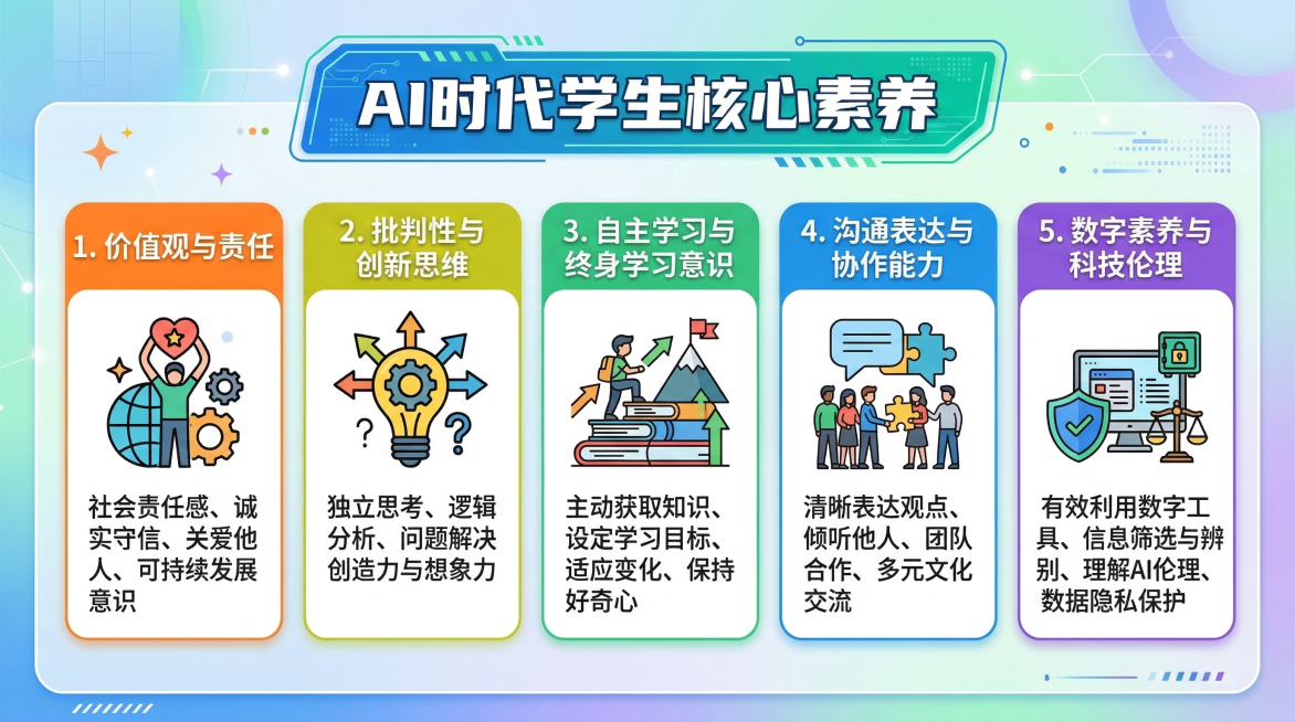 人工智能时代学生核心素养展示图，16:9横版，采用清晰的卡片式布局，五个模块分别对应：1. 价值观与责任，配相关图标；2. 批判性与创新思维，配相关图标；3. 自主学习与终身学习意识，配相关图标；4.预览效果