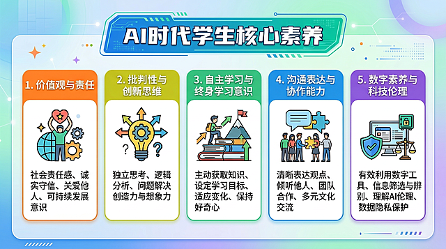 人工智能时代学生核心素养展示图，16:9横版，采用清晰的卡片式布局，五个模块分别对应：1. 价值观与责任，配相关图标；2. 批判性与创新思维，配相关图标；3. 自主学习与终身学习意识，配相关图标；4. 沟通表达与协作能力，配相关图标；5. 数字素养与科技伦理，配相关图标。顶部主标题为“AI时代学生核心素养”，整体设计简洁现代，配色明快，信息醒目易读，适合教学场景使用