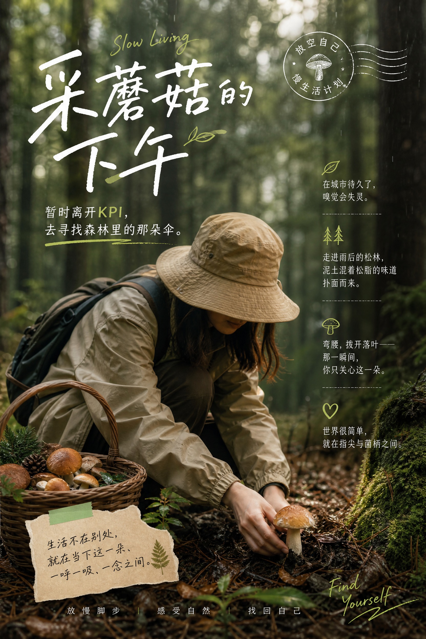 竖版海报设计，主题为「采蘑菇的下午」，慢生活放空治愈风格。画面… - 图片创意预览