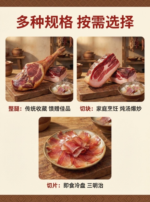 云南宣威特色风格详情页，浅棕色民族纹样底，排列展示火腿切块、整腿、切片三种规格实拍图，上方加粗正红标题"多种规格 按需选择"，下方对应标注每种规格的适用场景，风格统一简约，突出规格卖点。预览效果