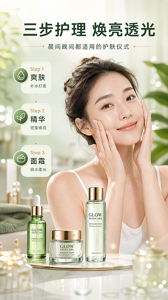 [商品] 使用【图1】GLOW SKINCARE三件套产品，保留瓶身外观、颜色与所有文字；产品放在梳妆台一角，尺寸约占画面20%，与人物场景自然融合。
[画面] 页面目标：真人效果展示，呈现使用后肌肤透亮状态与三步护理流程。构图：亚洲女性模特半身（肩部以上）居画面中央偏上，占约50%，手轻拍脸颊做护肤动作，肌肤呈现通透水润光泽；左侧竖列3步编号护理流程，底部放三件套产品；前景有柔光光斑，中景模特与产品，后景虚化浴室/梳妆台绿植场景，≥3层视觉层次。
[视觉] 套系策略：风格=清新自然高级商业摄影风，水光通透质感；标题字=现代简约无衬线粗体；正文字=简洁无衬线体；主色=浅薄荷绿+米白；背景延展=基于浅绿做深浅渐变、水光朦胧感与植物叶片虚化层次；强调色=香槟金，仅用于小面积图标描边、引线、标签和高光；标题色=深墨绿；正文色=中灰绿；组件=圆角浅底信息卡、圆形利益icon、细线引线；光影=左前侧柔和自然光，人物肌肤有自然通透光泽。
[文字] 顶部主标题「三步护理 焕亮透光」，副标题「晨间晚间都适用的护肤仪式」；左侧3步编号：「Step 1 爽肤 补水打底」「Step 2 精华 密集焕亮」「Step 3 面霜 锁水柔光」；文字均横向排版，不遮挡人物面部与产品标签，字号保证手机端清晰可读。
[规格] 图片比例9:16竖版，4K分辨率，负向提示：避免变形、错字、文字过小、医疗前后对比、夸大功效、绝对化用语、欧美面孔、冷蓝灰背景。