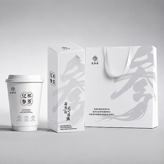 电商主图，淘宝天猫平台，1:1正方形构图，2K超清，画面主体展示老爹娘亿杯参茶产品组合：包含参茶纸杯、产品包装盒、手提礼袋三件套，三件产品自然摆放在画面中心，层次分明，突出产品质感。背景为简洁高级的浅灰色渐变，干净明亮，突出产品。整体风格简约大气、中式养生质感，高端茶饮品牌调性，光影柔和，产品细节清晰，适合作为淘宝天猫首图。