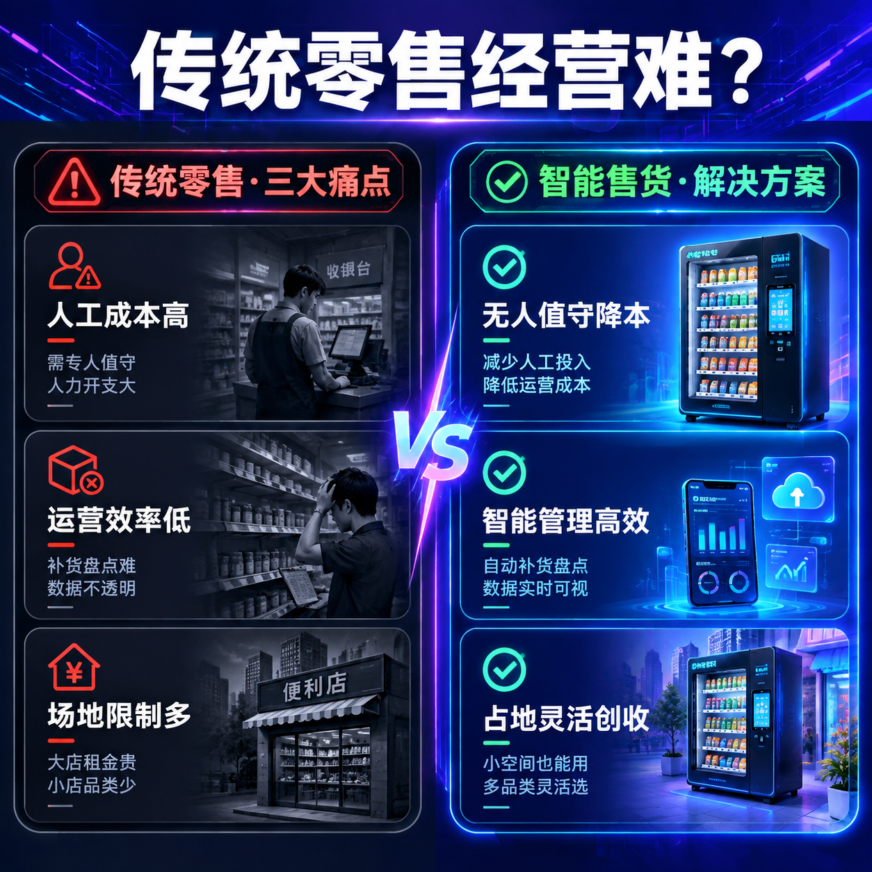 [主图-7] 痛点对比 传统零售经营难 vs 智能售货解决方案… - 图片创意预览