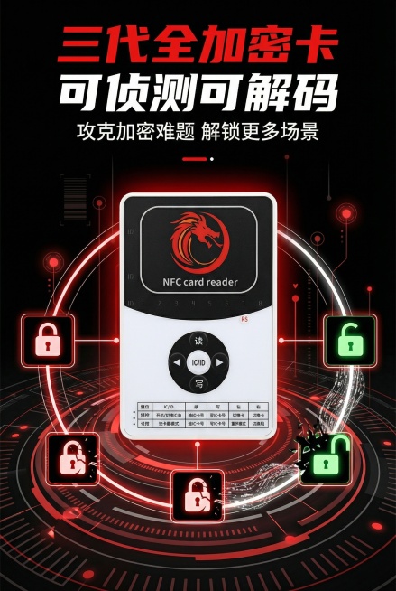 严格还原上传的NFC卡读卡器产品图，保留所有包装设计、颜色、LOGO位置、文字内容、图案元素细节，产品大小比例1:1视觉协调。添加主标题"三代全加密卡 可侦测可解码"，副标题"攻克加密难题 解锁更多场预览效果