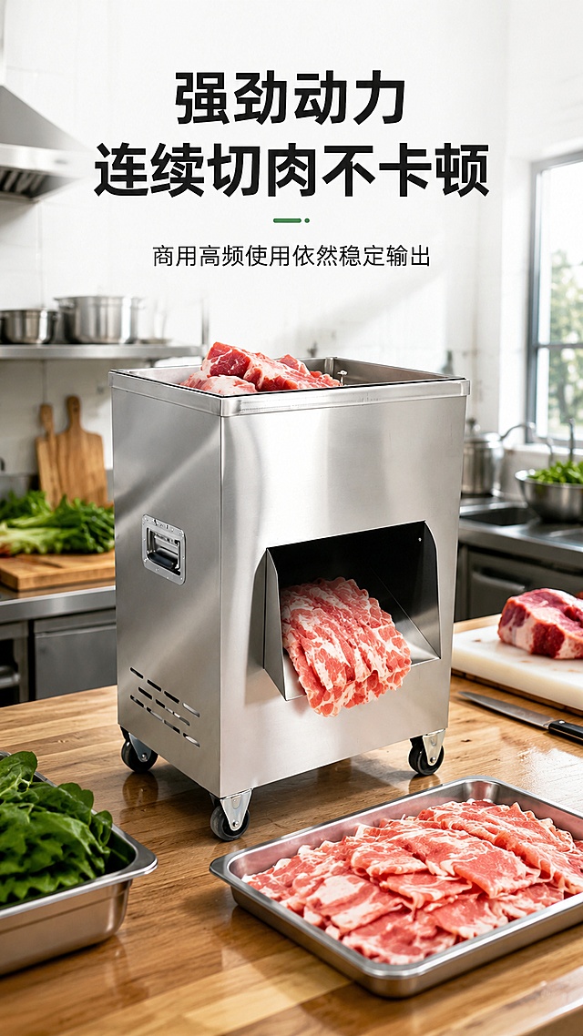 [第5屏] 核心功能实测-稳定切肉效果展示。本屏使用【图1】作为机器主体，搭配切肉场景展示。
[氛围/风格] 真实使用场景，实景厨房背景，商业摄影，真实可信。
[元素布局] 顶部标题区域，中部机器放置在商用厨房操作台上，进料口放入肉块，出料口可见切好的肉片，产品保持原有外观结构不变；周围搭配整洁厨房环境元素。
[光影质感] 厨房自然光照明，机器金属质感突出，场景光影自然，层次清晰。
[配色色系] 全局底色 #ffffff；主色产品不锈钢银灰；辅助色厨房木色台面，绿色新鲜肉块点缀。
[视角构图] 中心构图，产品占比约60%，操作场景环绕，景深适中。
[文字版式] 顶部主标题 "强劲动力 连续切肉不卡顿"，副标题 "商用高频使用依然稳定输出"；文字位于顶部，不遮挡机器操作部分；字号清晰手机可读。
[比例分辨率] 9:16竖版比例，1080*1920像素，4K分辨率，文字清晰可辨，高清画质。
[负向提示词] 机器变形，结构错误，切肉场景不自然，文字错乱，文字过小，水印