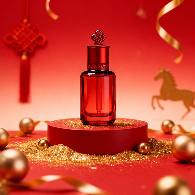 红金配色，中式结与奔马剪影烘托喜庆氛围，鎏金质感与重拟物设计融合国潮风韵，金属光泽瓶身彰显奢华感。