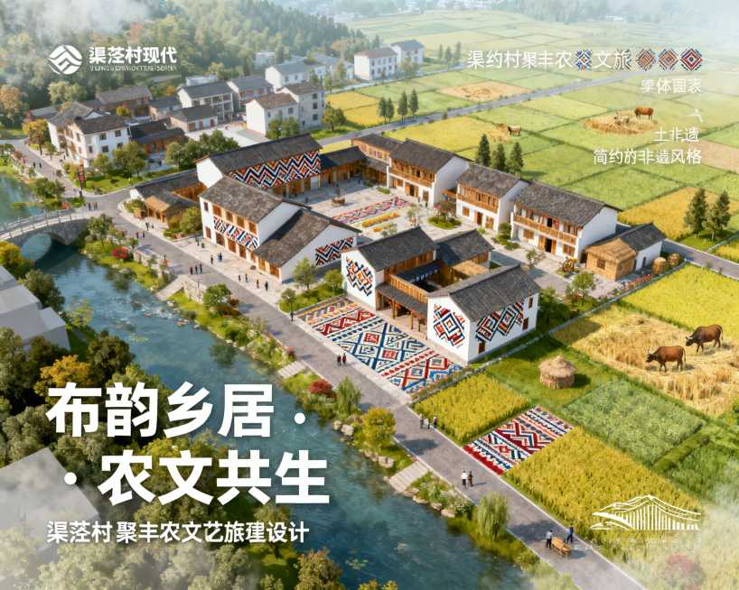 渠泾村聚丰农文旅建设项目总体设计鸟瞰图，核心主题布韵乡居·农文共生，整体融入土布非遗纹样元素，融合乡村农耕文化，简约现代风格，配色明快洋气，整体画面干净清新，文旅规划设计效果图预览效果