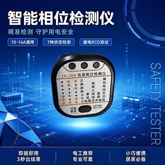 [主图-1] 电源相位检测仪首图 蓝白科技工业风 专业电工仪器海报。
[氛围风格] 蓝白科技工业风 清爽专业 科技感强 突出安全与可靠 有购买欲望。
[画质] 高端商业摄影质感 光线干净利落 产品精修 画面清晰有科技感。
[元素] 画面中心放置电源相位检测仪主体 微悬浮于半空中 下方有淡淡的蓝色光晕 产品占画面约60%。背景为渐变蓝色科技背景 从深蓝到浅蓝过渡 带有淡淡的电路线路纹理和网格线 增加科技感。背景中还有虚化的3D电路元件和数据粒子漂浮 营造科技氛围。画面左下角有蓝色几何切面装饰 右上角有半透明圆环图形。保持相位检测仪外观 结构 材质 颜色与输入产品图完全一致 杜绝变形和色差 产品边缘清晰 有科技感光晕衬托。
[光影] 正面偏上主光 冷白色调 清晰勾勒产品轮廓 底部蓝色背光形成光晕 科技感强 两侧柔光补光 产品细节清晰 光影干净利落 无多余杂影。
[配色] 主色渐变蓝（背景） 辅色黑色与银色（产品） 强调色亮蓝色（光晕与科技元素） 白色（文字）。
[视角构图] 微俯视角度 产品居中悬浮 周围科技元素环绕 画面满版 科技感十足。
[文字版式] 左上角主标题"智能相位检测仪" 白色粗体大号无衬线 下方副标题"精准检测 守护用电安全" 浅蓝色细体。标题下方三个蓝色圆角矩形标签 分别为"10-16A通用" "7种状态检测" "漏电RCD测试" 白字。右下角竖排英文装饰词"SAFETY TESTER" 细体浅蓝色 半透明。底部通栏深蓝底 白字三列 分别为"即插即用 3秒出结果" "电工推荐 专业可靠" "小巧便携 居家必备"。
[输出要求] 1:1比例 文字清晰锐利 超高清科技商业摄影质感。
[负向提示词] 变形 文字错乱 产品模糊 背景杂乱 水印 电商平台Logo 多余手指。