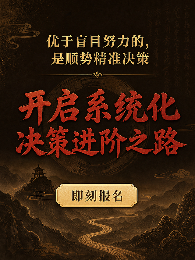 [第9屏] 结尾行动号召，深棕色国风背景，顶部引言「优于盲目努力的，是顺势精准决策」浅金色；中间主标题「开启系统化决策进阶之路」朱砂红大字体，居中；底部引导「即刻报名」浅金色按钮样式，整体营造专业感召力，3:4比例，4K分辨率