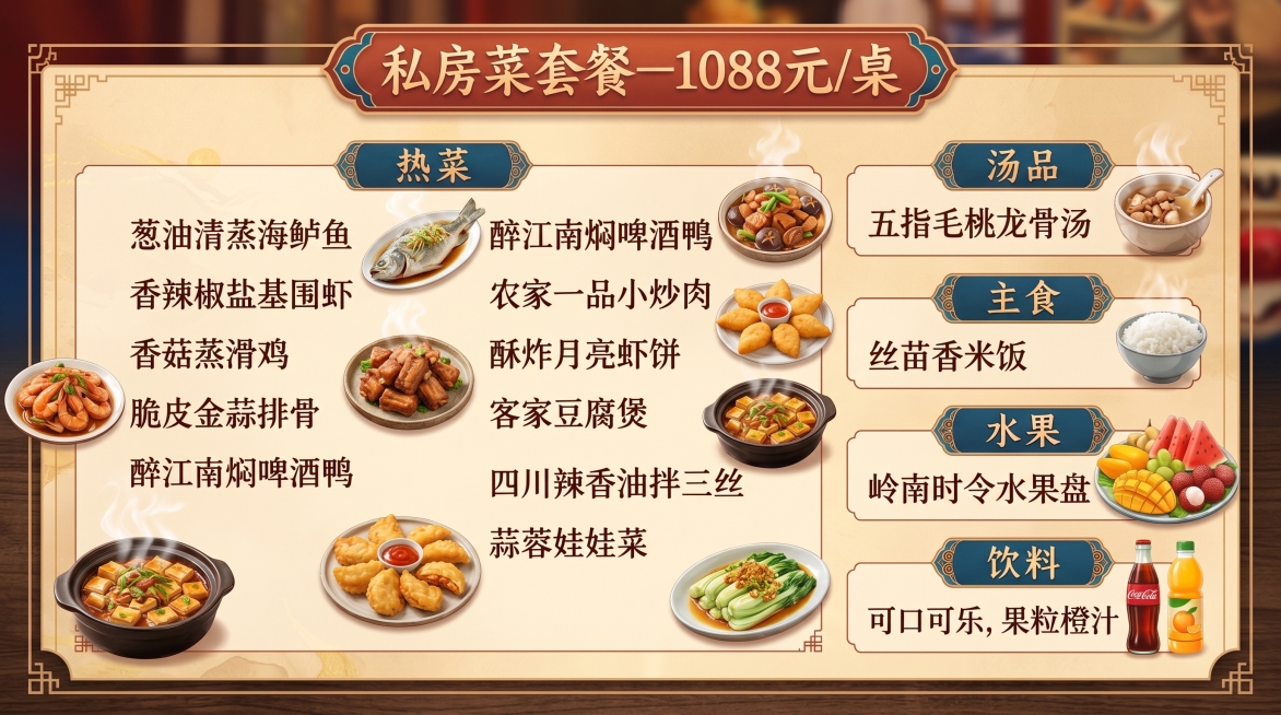 配图需要真实有设计感，字体纯中文非繁体，围餐套餐改为私房菜预览效果