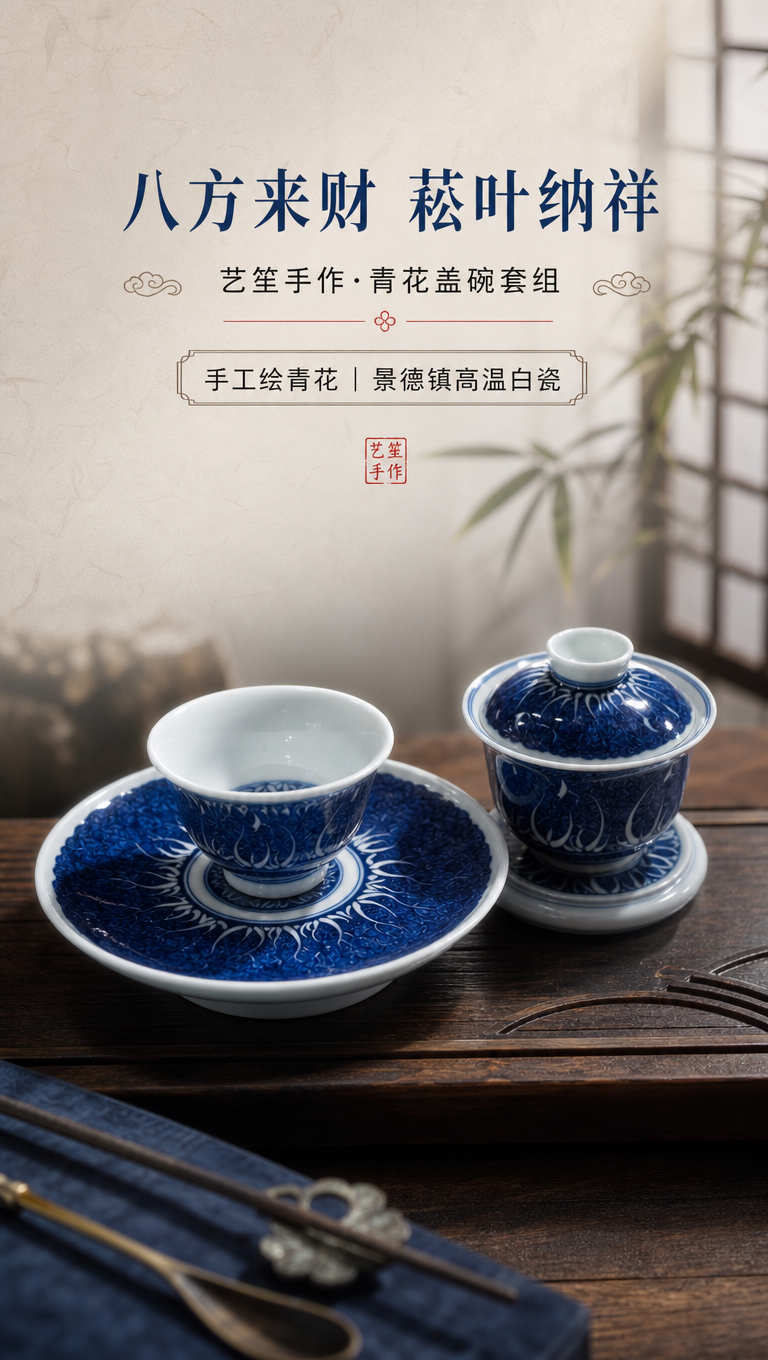 [商品] 使用【图1】青花盖碗套组（含盖碗三件套、品茗杯、壶承… - 图片创意预览