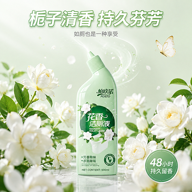 [主图-4] 栀子清香卖点图，帕欧诺花香洁厕液持久留香功效展示
[氛围风格] 清新自然花香风，淡雅治愈，有呼吸感
[画质] 商业摄影质感、光线柔和通透、产品清晰真实、画面干净高级
[元素] 产品瓶位于画面中央偏下，瓶身正面展示，浅绿色瓶身清新透亮。**保持产品外观（即物理结构、材质质感、颜色、标签文字）与输入产品图一致，杜绝任何变形和色差，精细化处理**。产品周围环绕着多朵盛开的白色栀子花，花瓣洁白饱满，花蕊淡黄，搭配翠绿的叶片，花朵大小错落有致，有的在产品前方作为前景虚化，有的在产品两侧和后方作为中景清晰展示，营造被栀子花包围的氛围。从产品瓶口处有淡淡的、带有花香粒子的白色+浅绿色香气气流袅袅上升，在空中形成优美的弧线，香气中夹杂着微小的花瓣粒子，视觉化表现清香四溢的感觉。背景是柔和的浅绿到白色的渐变，底部有淡淡的大理石纹理，高级洁净。画面右上角有一只蝴蝶轻轻飞舞，增添生机。整体画面充满自然花香的治愈感。商品主体占比约45%。
[光影] 柔和的自然光从左上方照入，光线温暖明亮，栀子花花瓣有通透的逆光效果，显得洁白娇嫩；产品瓶身有柔和高光，质感光滑；整体光影柔和，阴影过渡自然，营造清新梦幻的氛围。
[配色] 主色洁净白+薄荷绿；辅色鹅黄花蕊+翠绿叶片；整体色调清新淡雅，明亮通透。
[视角构图] 正面略微仰视角度，产品在中下位置，花香和花朵向上延伸，形成纵向舒展的构图；景深中等偏浅，前景花朵适度虚化，中景产品和主花朵清晰，背景纯净，层次丰富。
[文字版式] 上部居中主标题"栀子清香 持久芬芳"，白色粗体大字带浅绿渐变描边，字体优雅；主标题下方副文案"如厕也是一种享受"，浅灰色小号字；右下角有一个小徽章，内有"48小时"上、"持久留香"下，绿色圆形徽章配白色文字。所有文字放在上部和右下角负空间，不遮挡产品主体。
[输出要求] 1:1比例，文字清晰可辨，超高清商业摄影质感
[负向提示词] 变形，文字错乱，产品图模糊，背景杂乱，水印，电商平台Logo，颜色过艳，花朵变形