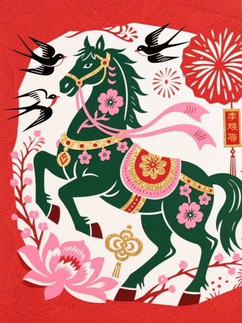 主体是墨绿骏马（装饰粉色桃花纹样、飘带配饰，点缀金箔质感），周围环绕燕子、如意、烟花、春联等吉祥元素，背景为朱砂红纹理，配色浓烈鲜艳（绿、粉、金、红、白等），风格喜庆华贵、充满传统吉祥寓意。预览效果