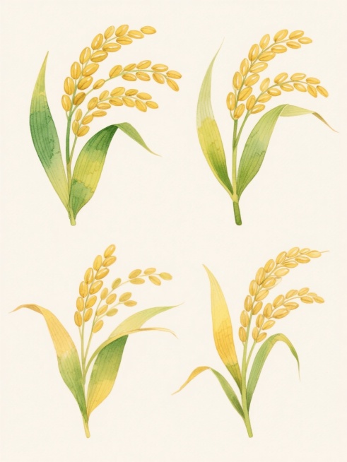 水彩风格插画，一组4个不同样式、不同材质的「水稻」造型，上下两行对齐排列，浅色背景。每个水稻造型均展现饱满的稻穗，稻穗呈金黄色，颗粒分明，带有自然的光泽感，稻叶为绿色与黄绿色渐变，叶片边缘有细致的纹理和自然的弯曲形态。整体画面采用水彩特有的透明晕染效果，色彩过渡柔和，笔触细腻，保留水彩颜料的轻盈质感和微妙的色彩叠加层次。构图上，四个水稻造型分布均匀，彼此间保持适当间距，上方两个与下方两个呈对称……预览效果