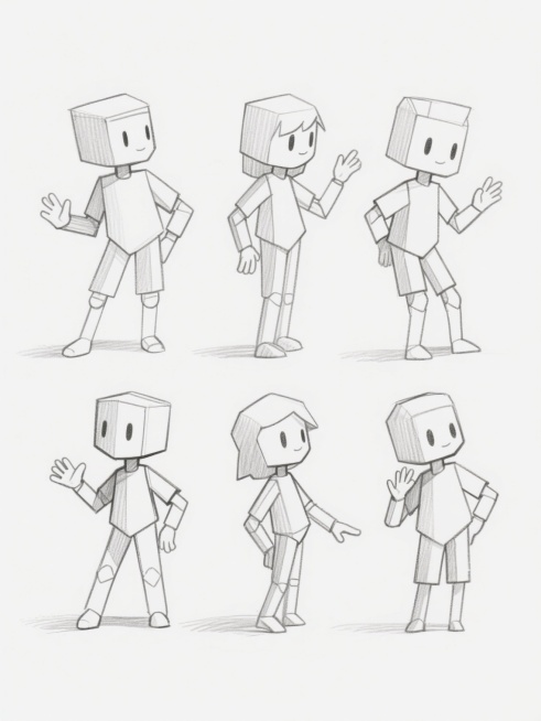 一组六个不同造型的Q版人物动态素描草图，保持简洁流畅的铅笔线条风格，每个角色具有独特的姿势和手部动作，采用几何块状结构表现身体体积感，线条轻重变化自然，关节处有清晰的转折刻画，整体呈现出速写般的灵动与随意感，所有角色规整地排布在纯白色背景上，形成系列素材集合，无任何文字或标识元素。预览效果