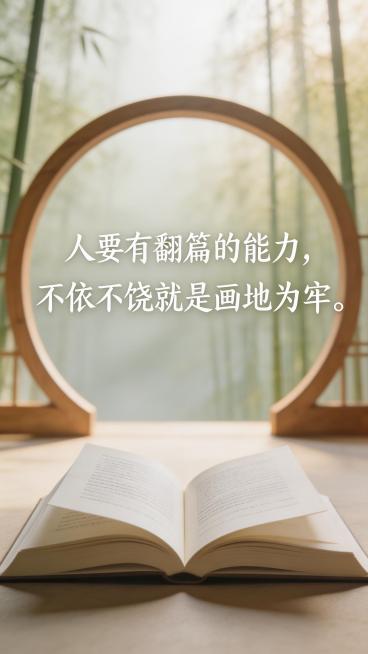 通透禅意风格9:16早安海报，画面搭配翻开书页与空门元素，居中放置文字"人要有翻篇的能力，不依不饶就是画地为牢。"，字体尺寸保持一致，文字清晰排版整齐，整体开阔通透预览效果