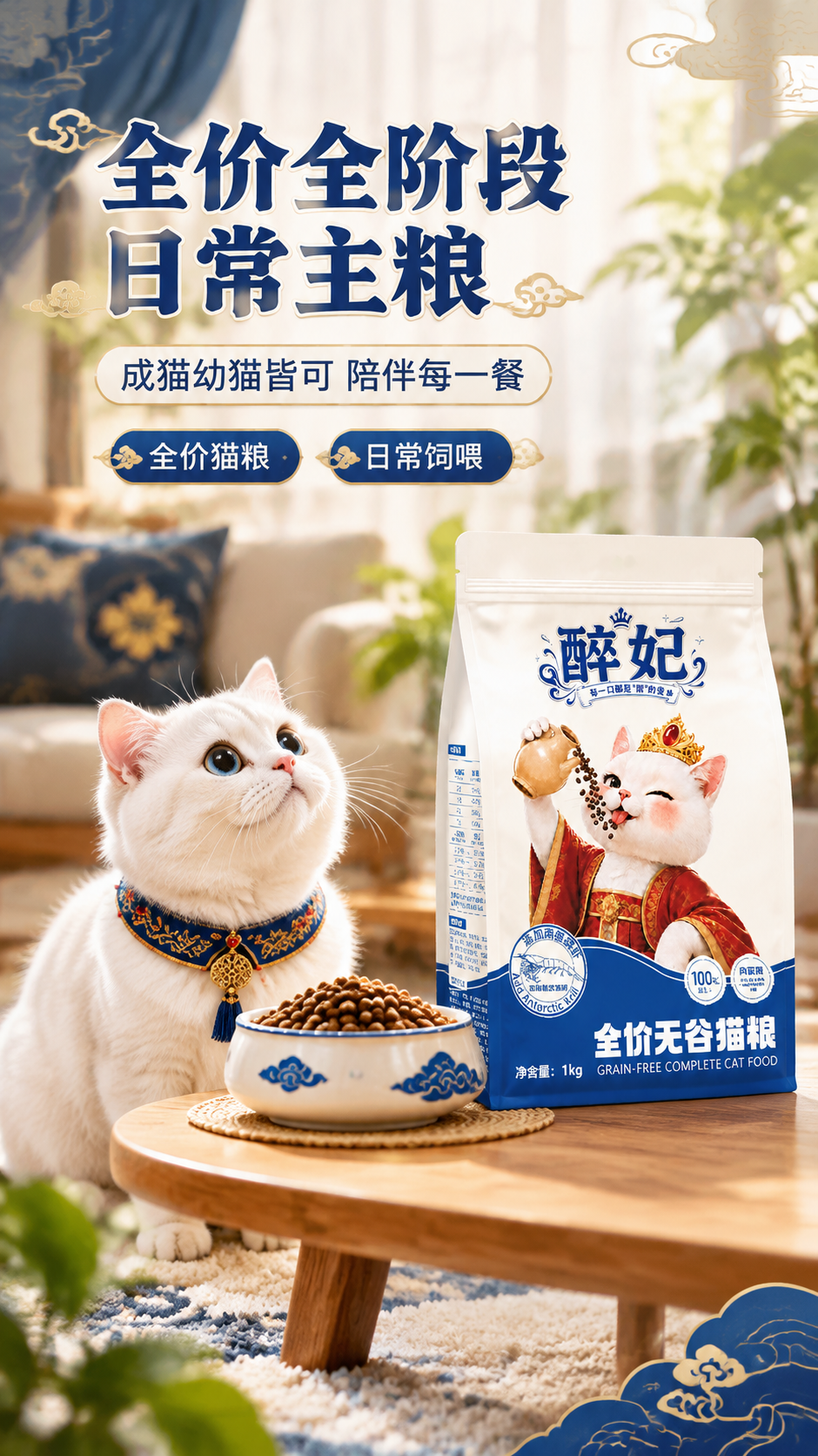 [商品] 使用【图1】醉妃猫粮包装袋置于画面右侧桌面；保留包装… - 图片创意预览