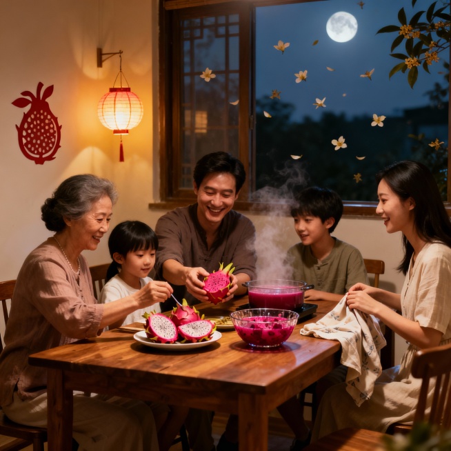 室内暖光环境，一家4-6口人围坐在木质餐桌旁，桌上摆放着刚上桌的火龙果、一盘切开的火龙果、玻璃碗里的火龙果，还有冒着热气的火龙果汁。奶奶正给孙辈夹火龙果，爸爸笑着递过火龙果，妈妈抬手整理桌布，晚辈们凑预览效果