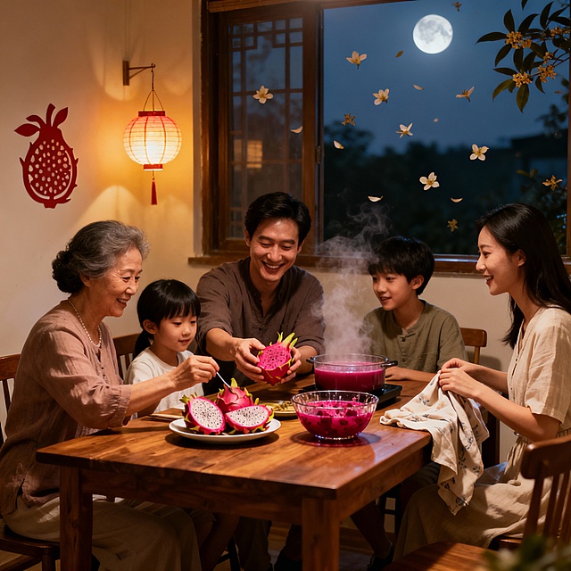 室内暖光环境，一家4-6口人围坐在木质餐桌旁，桌上摆放着刚上桌的火龙果、一盘切开的火龙果、玻璃碗里的火龙果，还有冒着热气的火龙果汁。奶奶正给孙辈夹火龙果，爸爸笑着递过火龙果，妈妈抬手整理桌布，晚辈们凑在一起说着话，每个人脸上都带着放松的笑意，动作舒缓，氛围静谧温馨。窗外飘着零星桂花瓣，餐桌旁挂着一盏小小的火龙果灯笼，墙面贴着简约的火龙果剪纸，图案是火龙果和月亮。整体色调偏暖黄，如同傍晚开灯后的居家感，光线柔和不刺眼。