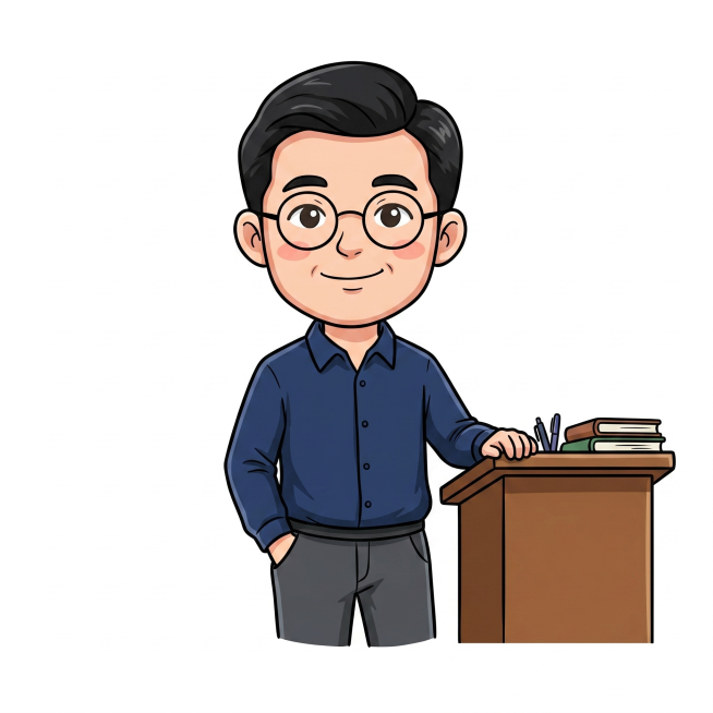 参考提供图片中的卡通插画设计风格，生成一位39岁的中年男老师，偏分黑发，穿深色衬衫，靠在讲台边，轻松微笑，纯白色背景，年龄在35-50之间预览效果