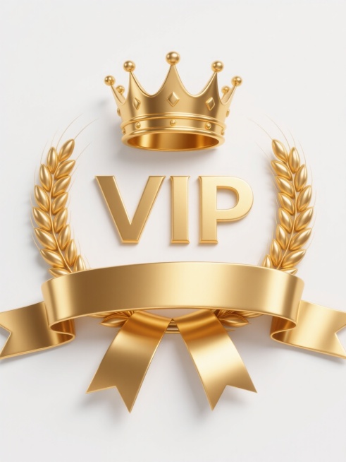 3D渲染的金色VIP徽标，上方是金色皇冠，皇冠下方有一条金色丝带，左右两侧各有一条金色麦穗，整体呈现光滑的金属质感，具有明显的高光和阴影细节，麦穗叶片和麦芒形态清晰且富有立体感，置于纯白色背景上，保持预览效果